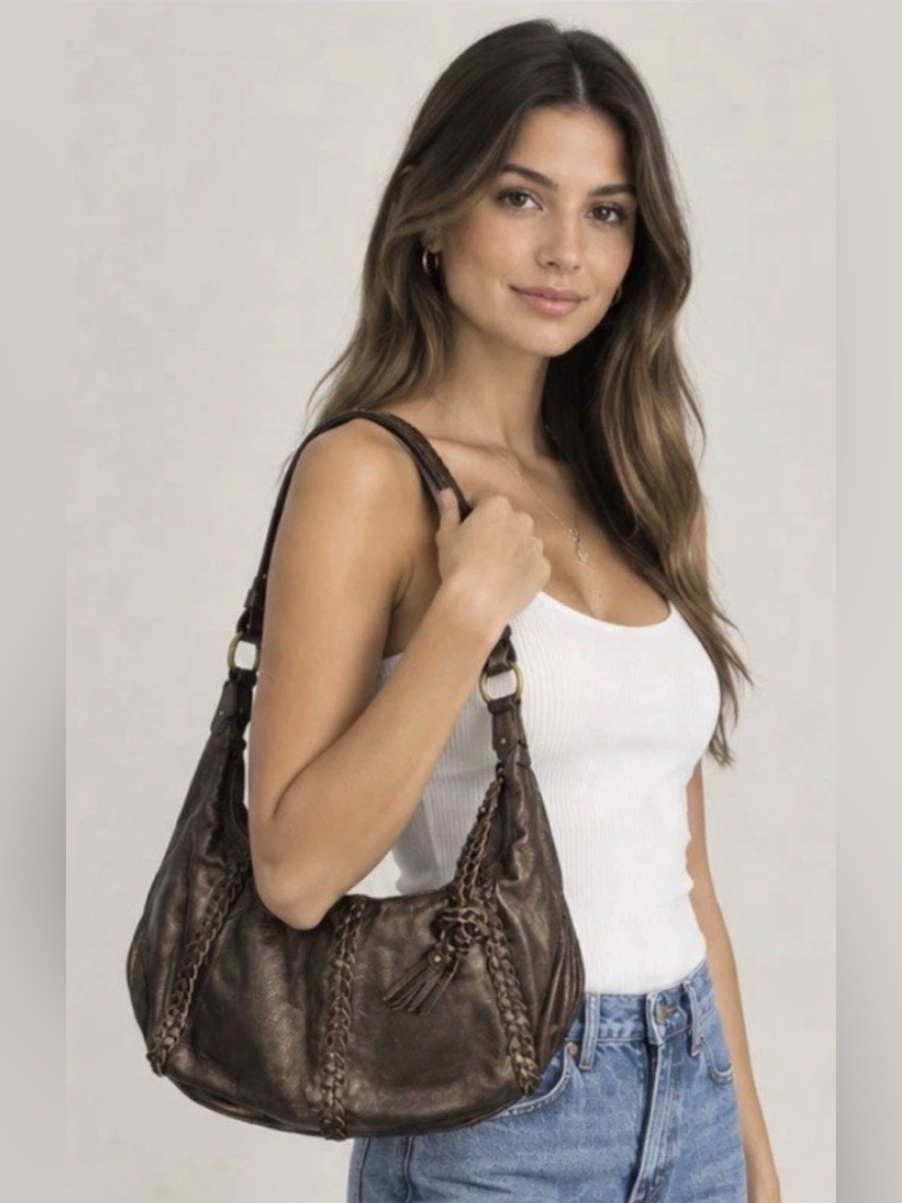Inge Chic Metallic Leather Hobo Shoulder Bag
Bronze